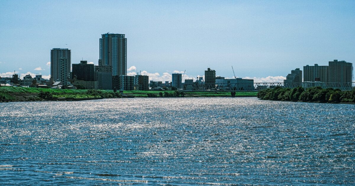 川沿いに広がる都市と高層ビル群を望む水辺の景色