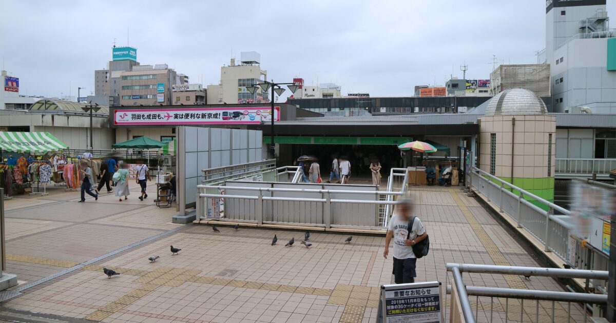駅前広場で鳩と人々が行き交う都市の風景