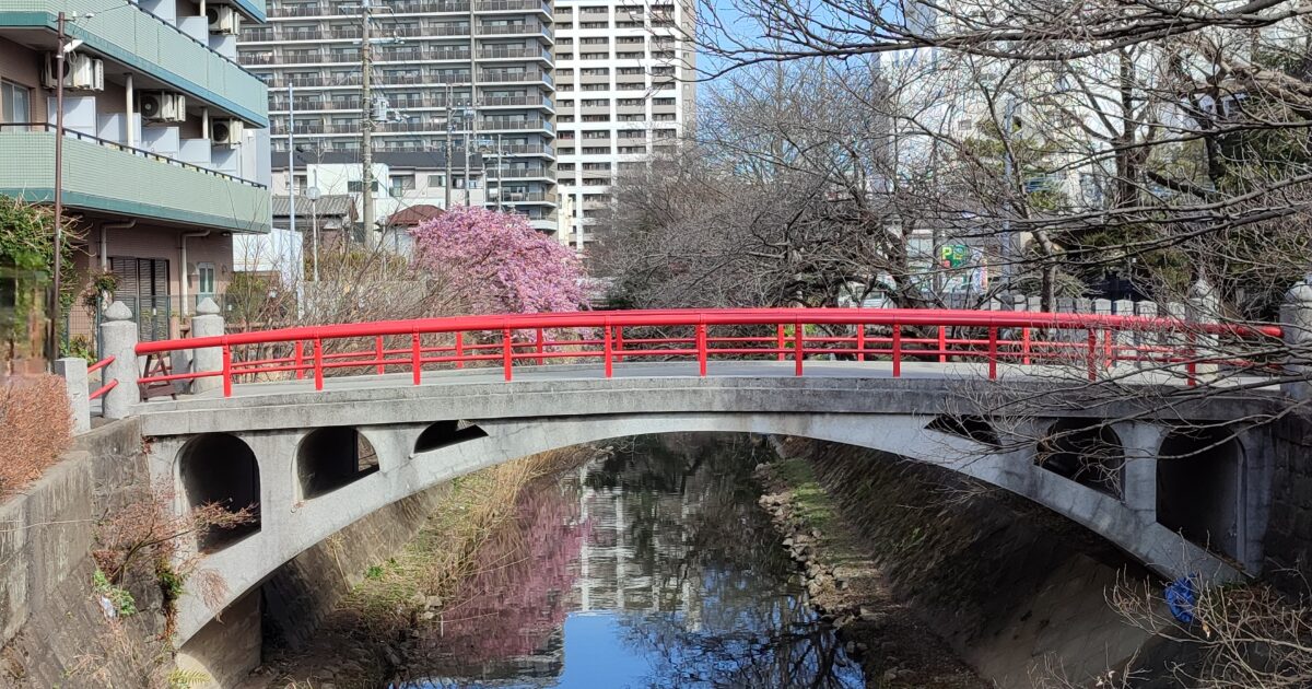 赤い欄干の橋と川沿いに咲く桜の風景